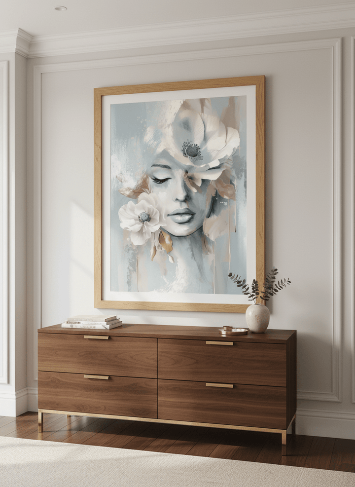 Monumental artwork centred on a feature wall in a luxe interior
