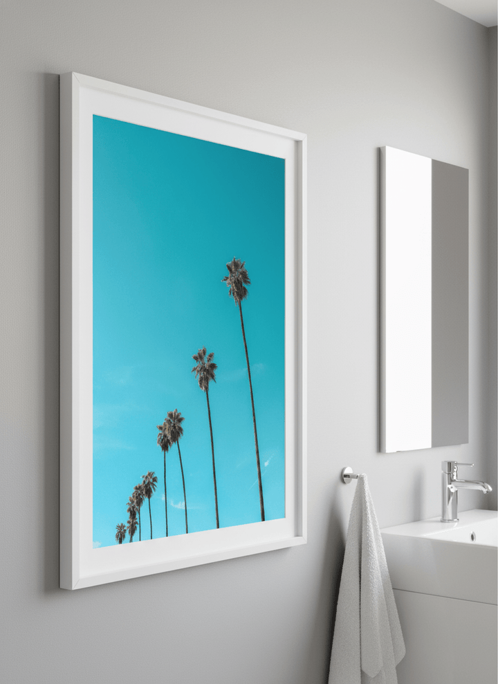Modern print displayed in a clean minimalist bathroom setting