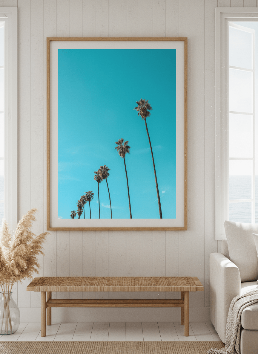 Neutral wall art displayed in a sunny coastal beach house