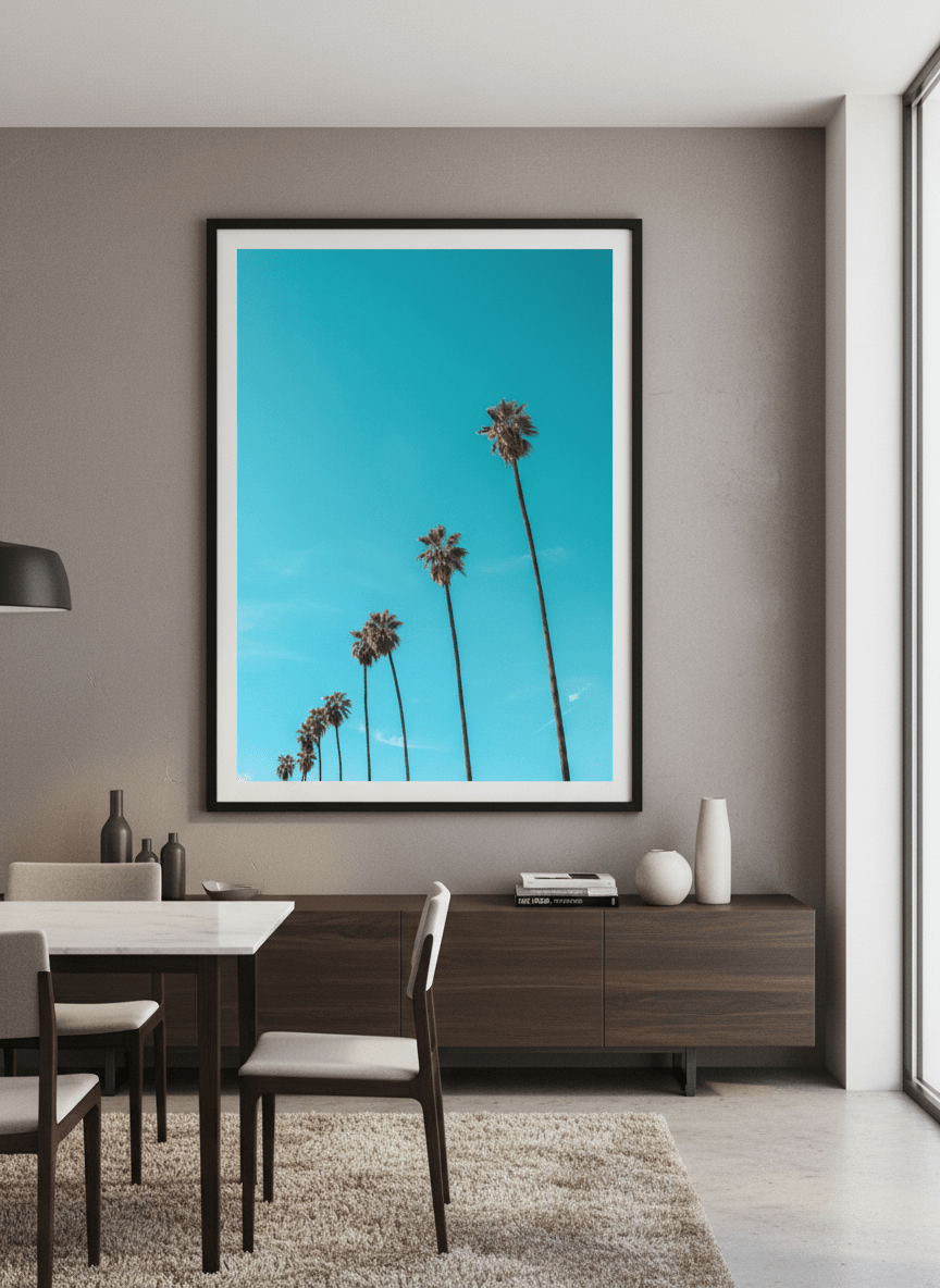 Wall art styled above a dining table in a contemporary home