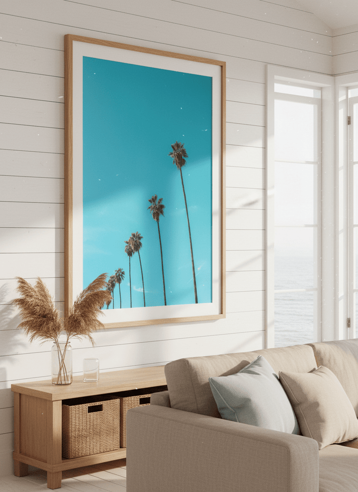 Neutral wall art displayed in a sunny coastal beach house