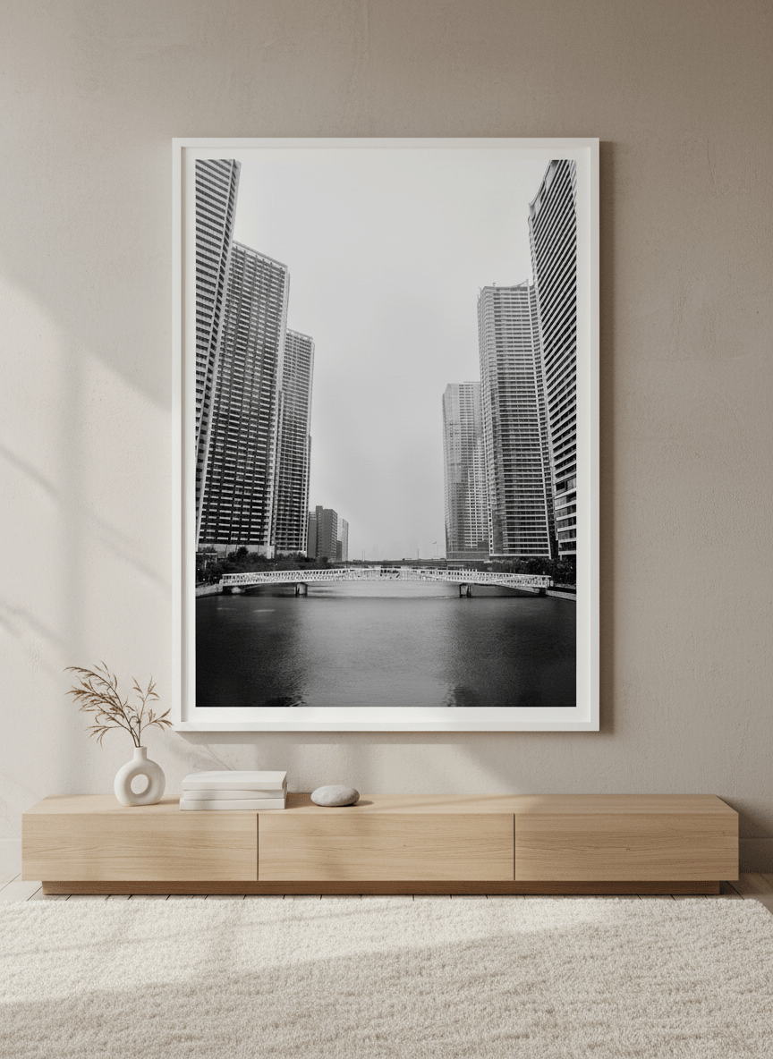 Monumental artwork centred on a feature wall in a luxe interior