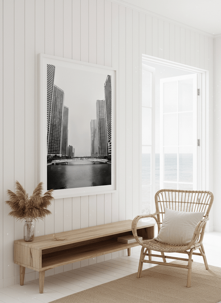 Neutral wall art displayed in a sunny coastal beach house