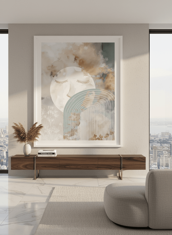 Monumental artwork centred on a feature wall in a luxe interior