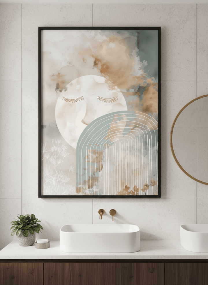Modern print displayed in a clean minimalist bathroom setting