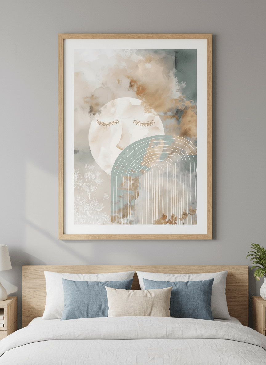 Minimalist artwork displayed in a calm, light-filled bedroom interior