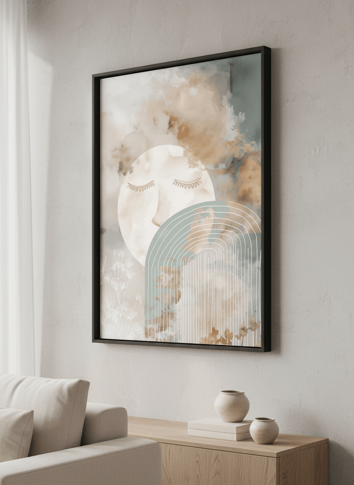 Modern wall art styled above a sofa in a neutral living room