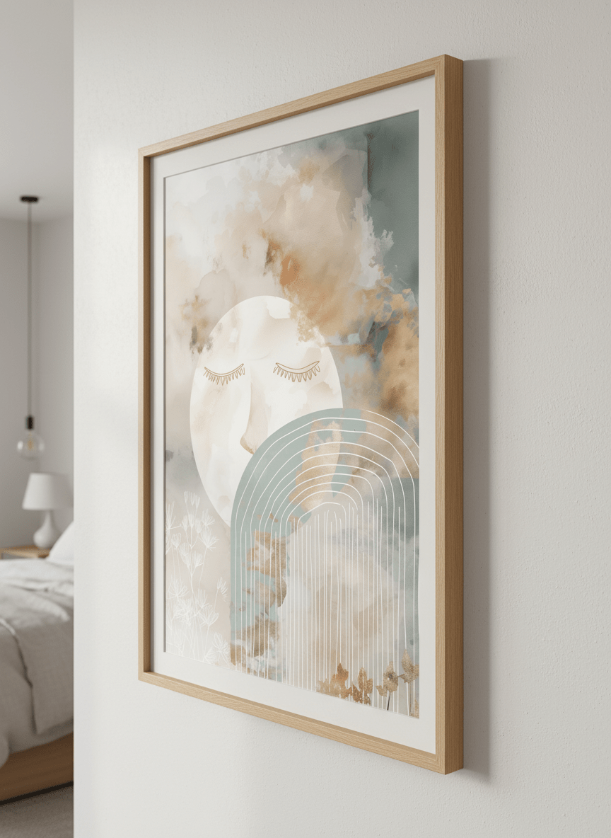 Minimalist artwork displayed in a calm, light-filled bedroom interior