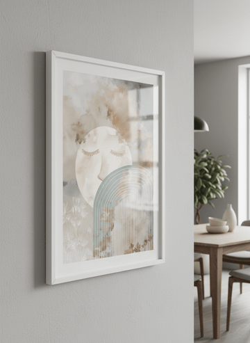Wall art styled above a dining table in a contemporary home