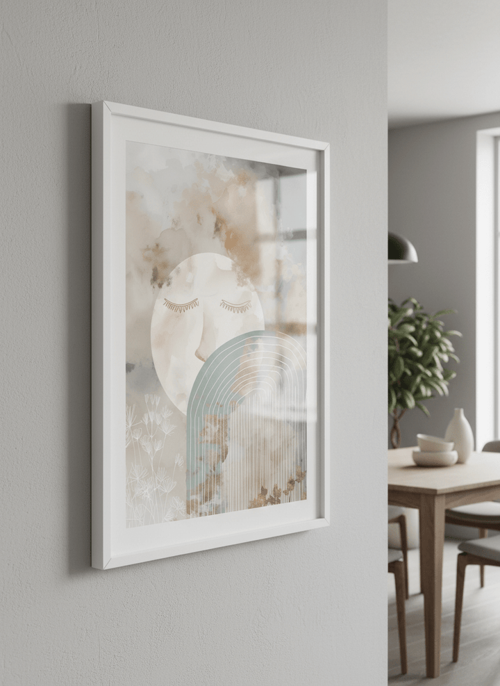 Wall art styled above a dining table in a contemporary home