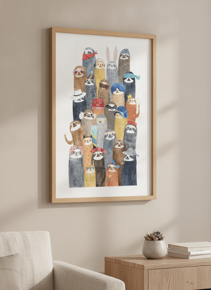 Modern wall art styled above a sofa in a neutral living room
