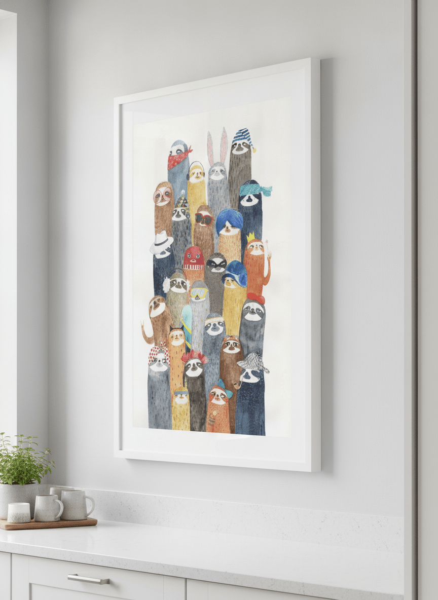 Artwork styled on the wall of a bright modern kitchen