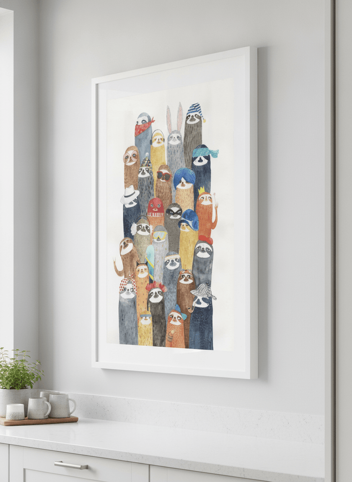 Artwork styled on the wall of a bright modern kitchen