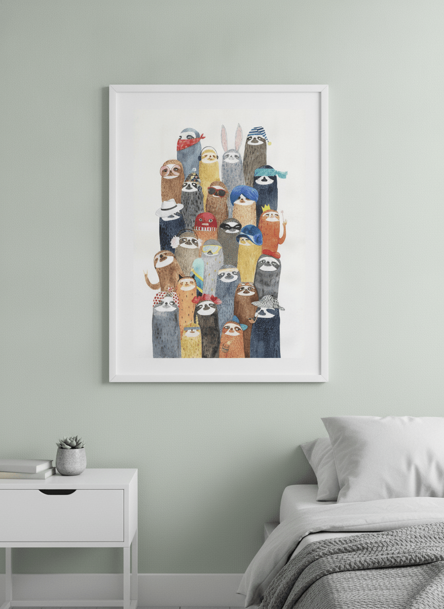 Minimalist artwork displayed in a calm, light-filled bedroom interior