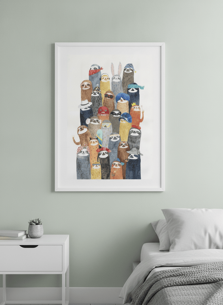 Minimalist artwork displayed in a calm, light-filled bedroom interior