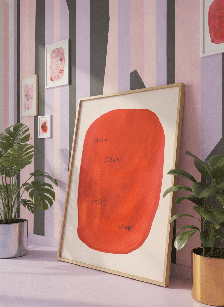Bold wall art styled in a colourful, eclectic modern home