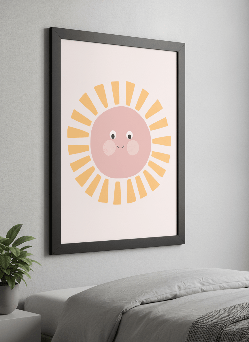 Minimalist artwork displayed in a calm, light-filled bedroom interior