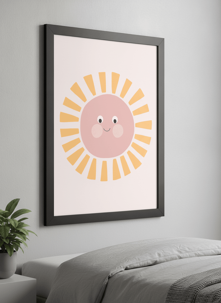 Minimalist artwork displayed in a calm, light-filled bedroom interior