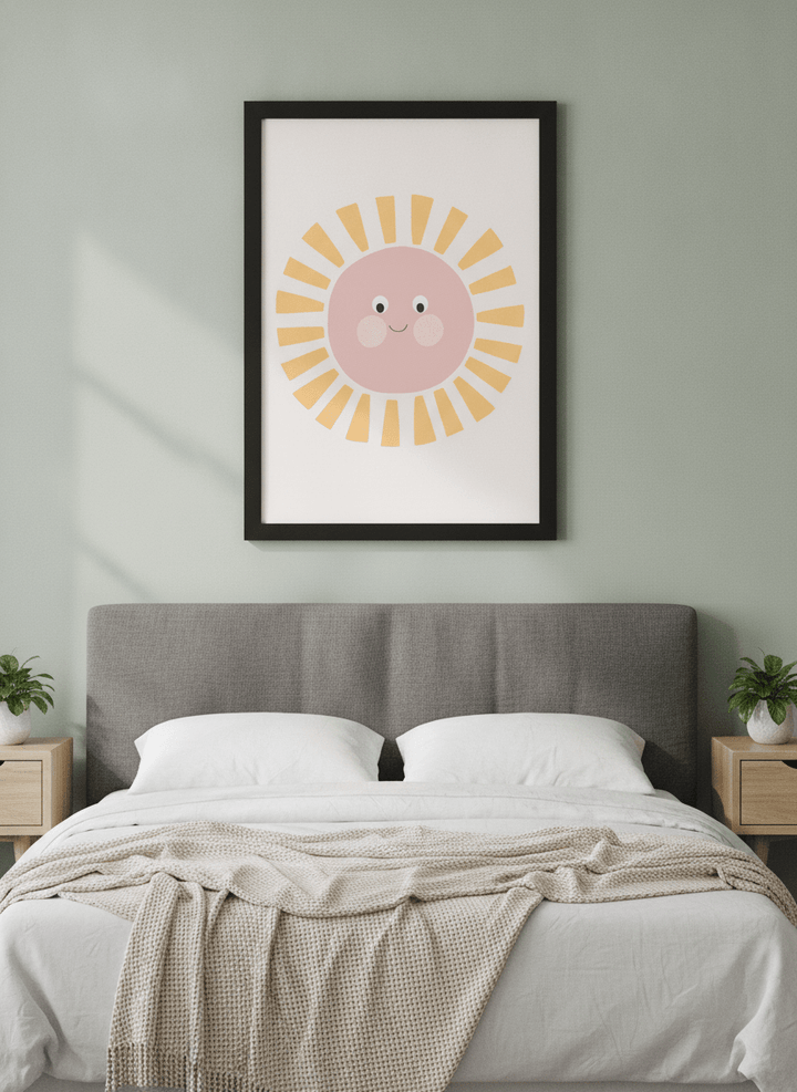 Minimalist artwork displayed in a calm, light-filled bedroom interior