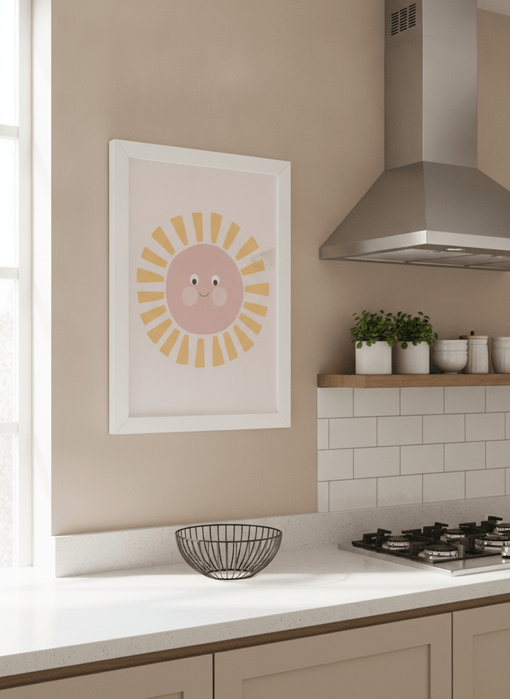 Artwork styled on the wall of a bright modern kitchen