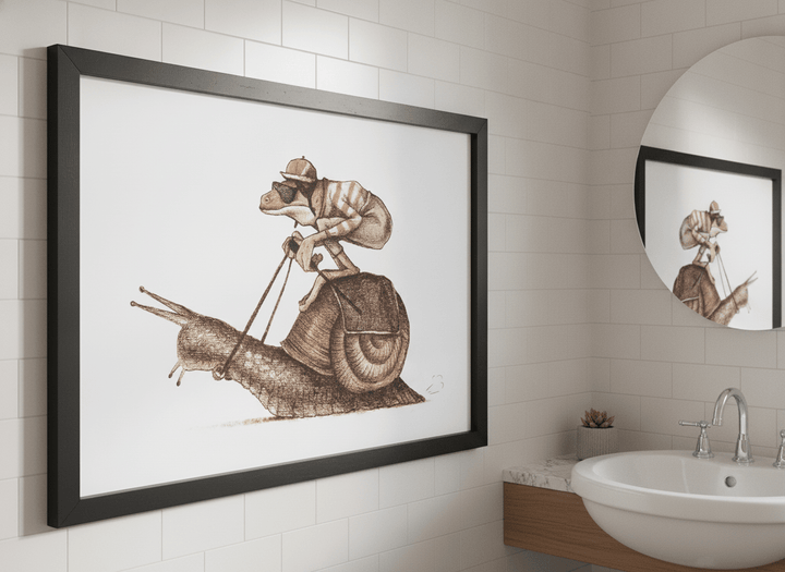 Modern print displayed in a clean minimalist bathroom setting
