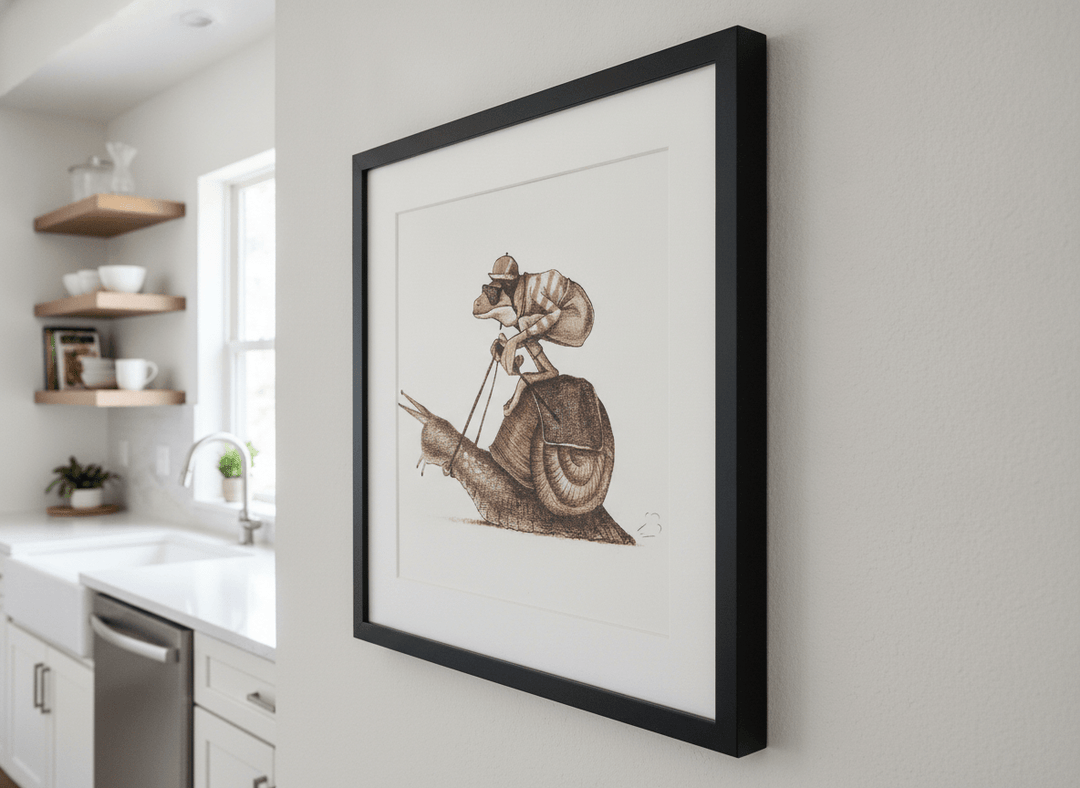 Artwork styled on the wall of a bright modern kitchen