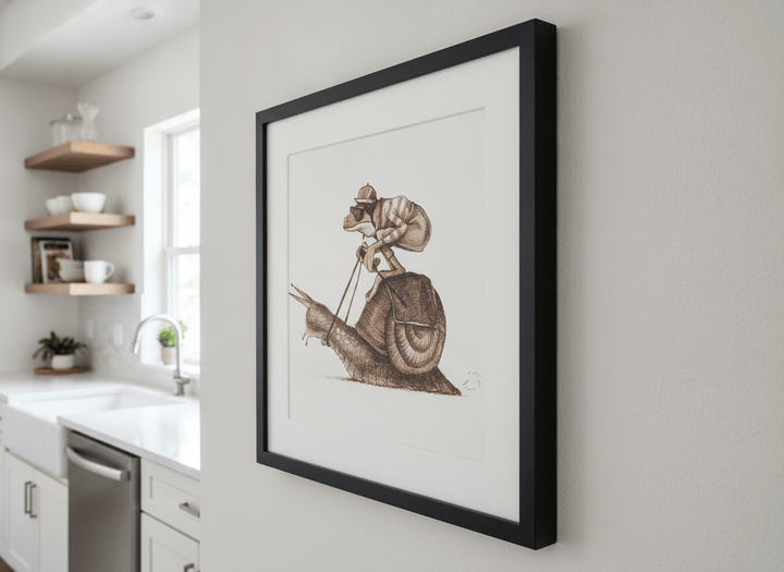 Artwork styled on the wall of a bright modern kitchen