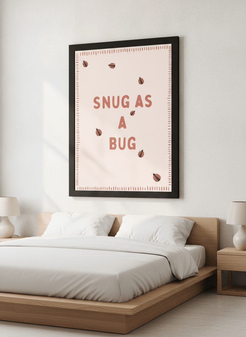 Minimalist artwork displayed in a calm, light-filled bedroom interior