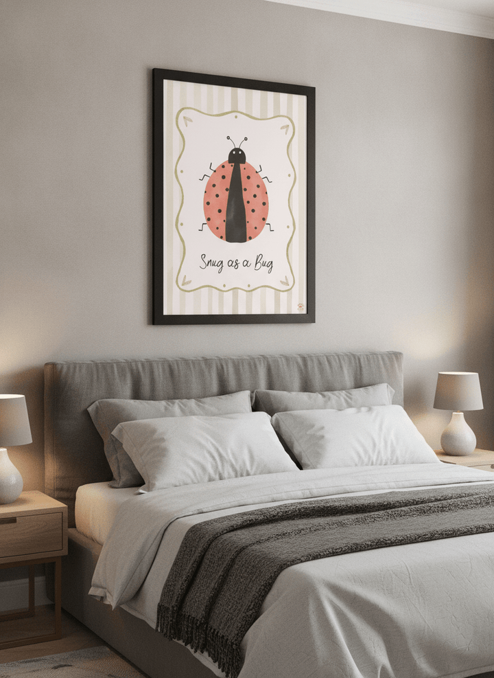 Minimalist artwork displayed in a calm, light-filled bedroom interior