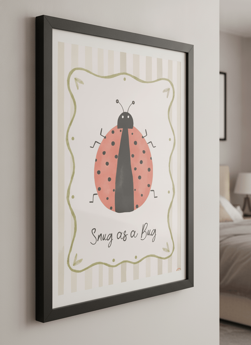 Minimalist artwork displayed in a calm, light-filled bedroom interior