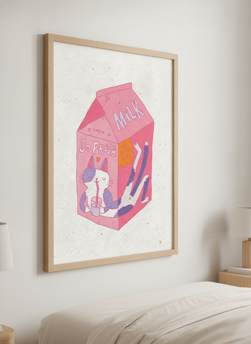 Minimalist artwork displayed in a calm, light-filled bedroom interior