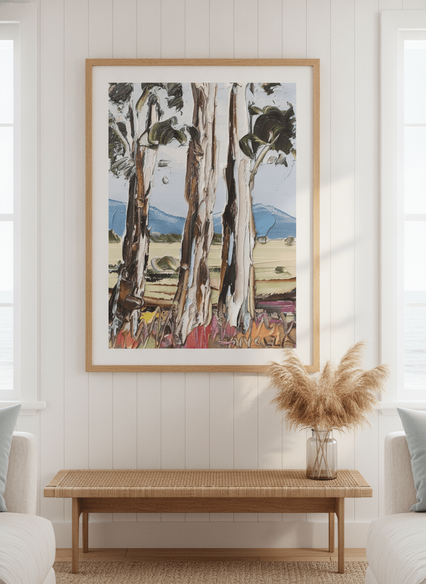 Neutral wall art displayed in a sunny coastal beach house