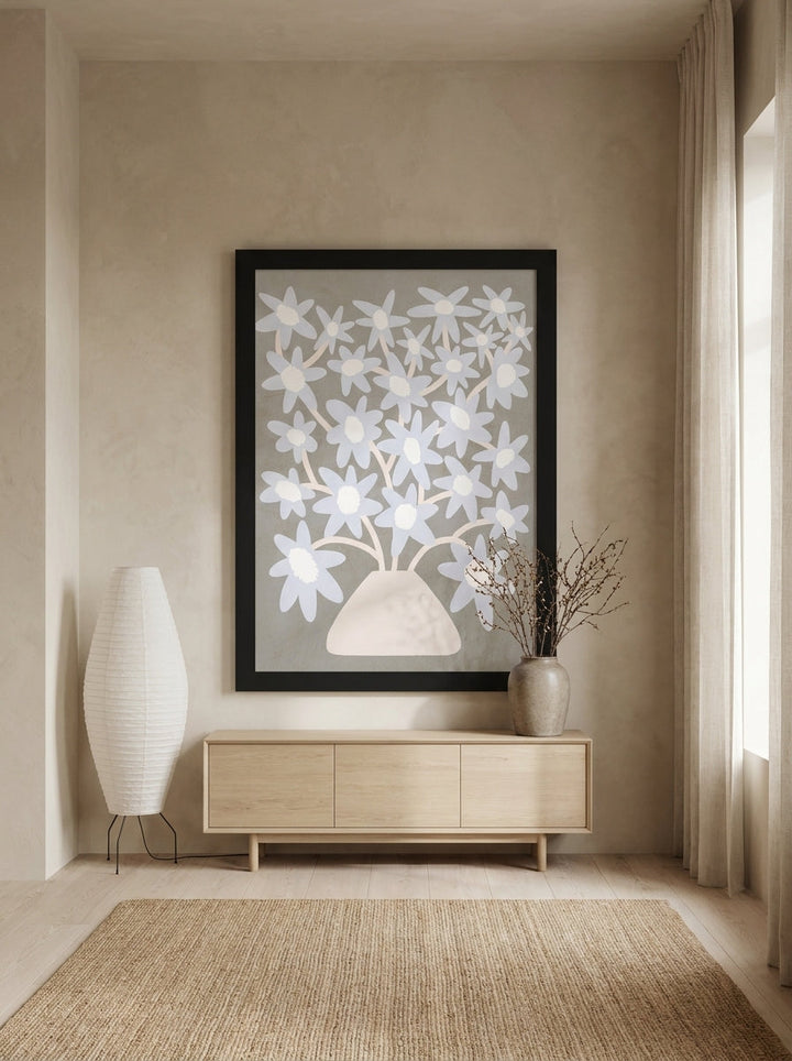 Oversized statement modern wall art print styled on the wall in a warm Japandi living room