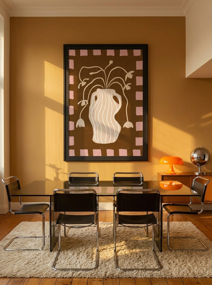 Oversized statement modern wall art print styled on the wall in a retro 70s dining room