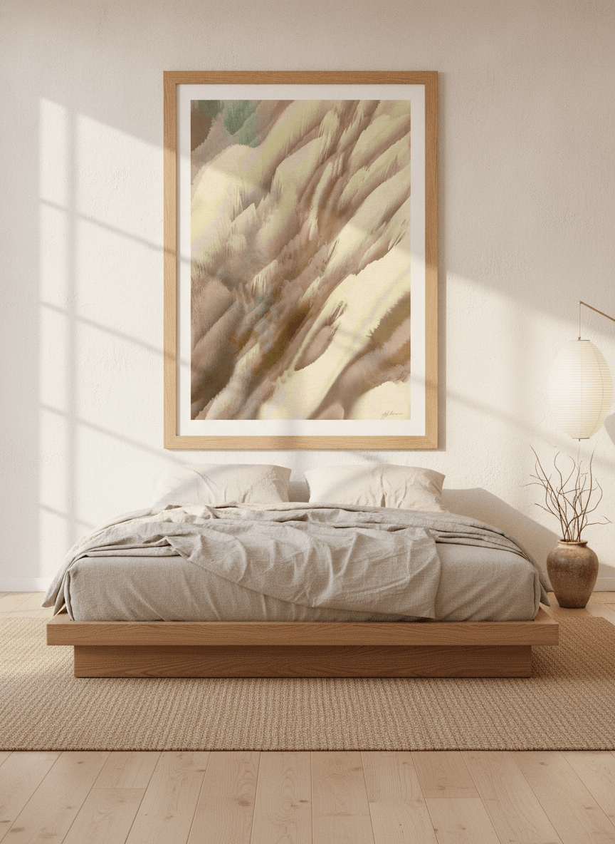 Modern wall art print styled on the wall in a warm Japandi bedroom