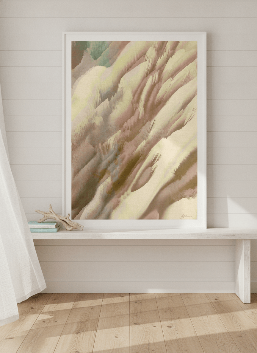 Modern wall art print standing on a console in a coastal home office