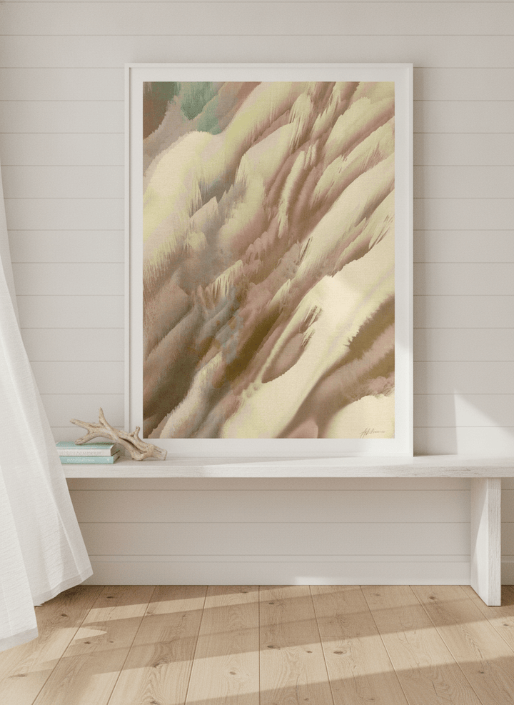Modern wall art print standing on a console in a coastal home office