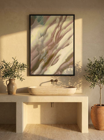 Modern wall art print styled on the wall in a Mediterranean bathroom