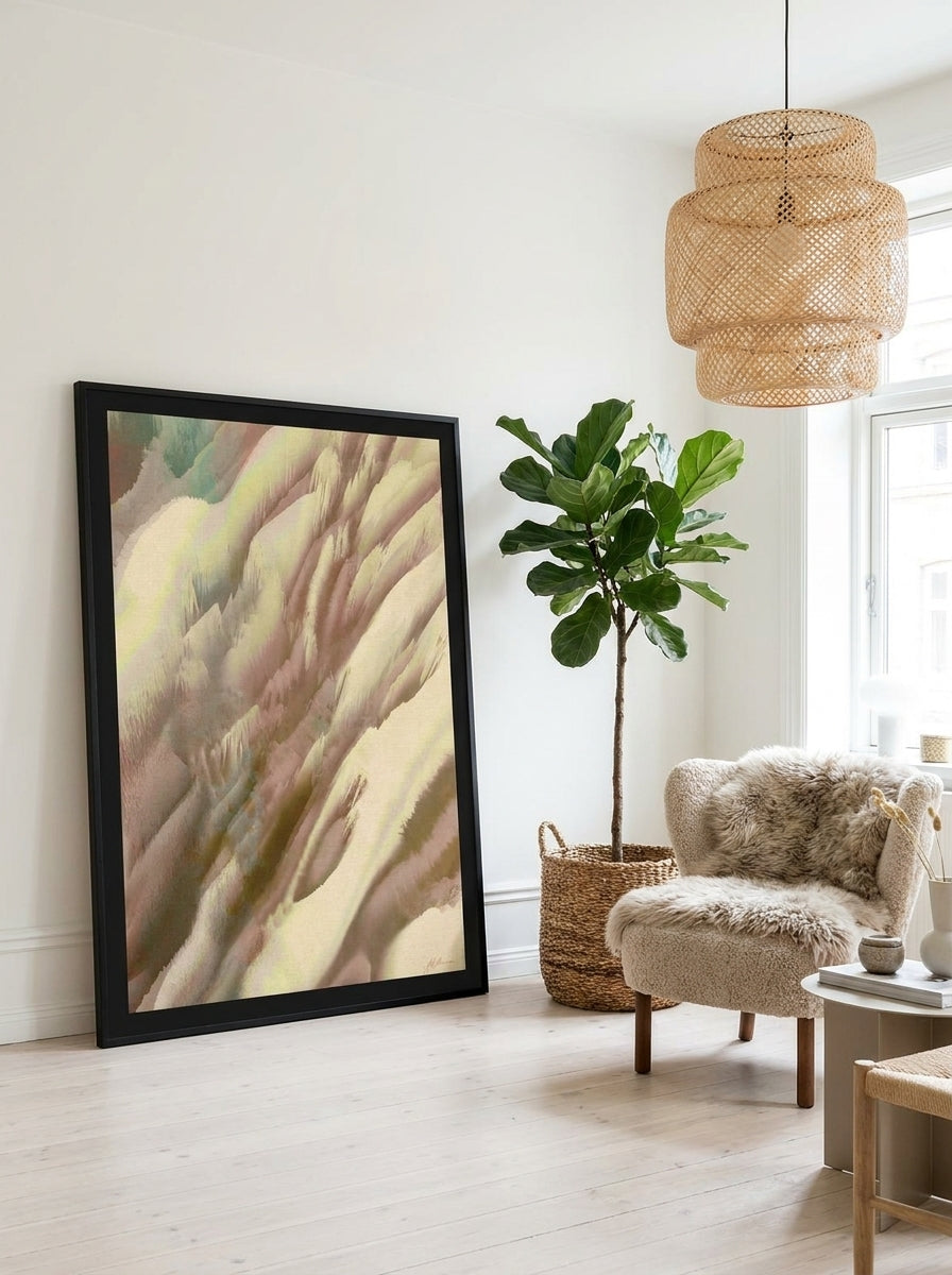 Oversized statement modern wall art print leaning against the wall in a bright Scandinavian living room