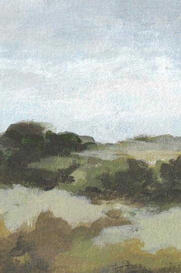 Artistic depiction of a landscape with trees and fields. framed