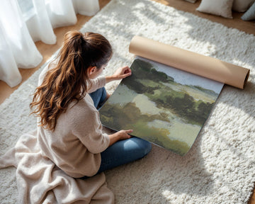 Woman unrolling a large landscape painting on a carpeted floor.