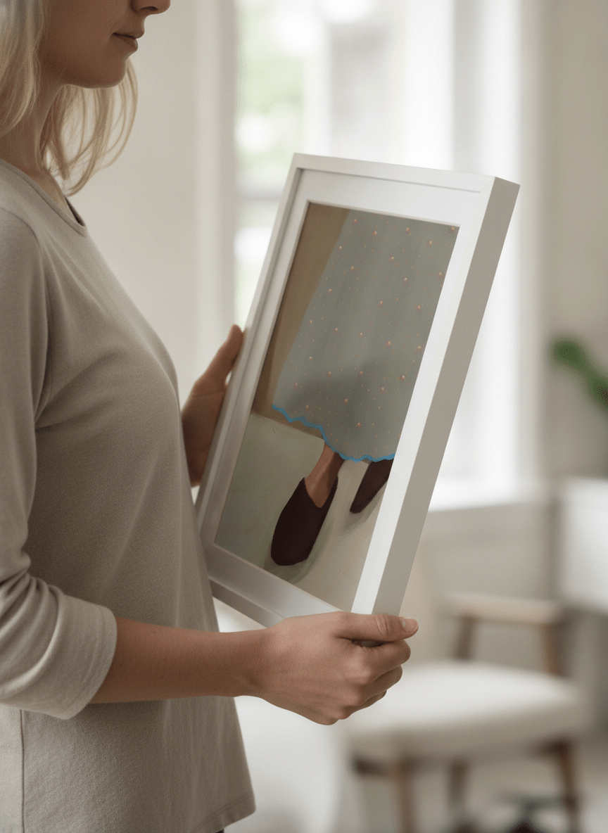 Person showcasing the artwork against a clean modern interior wall