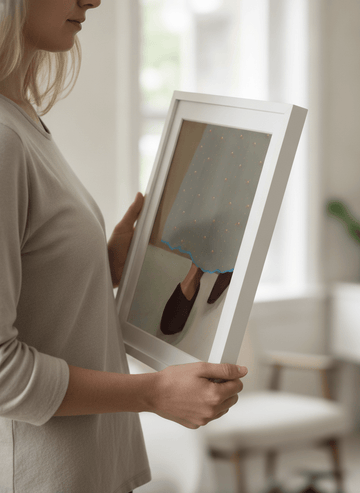 Person showcasing the artwork against a clean modern interior wall