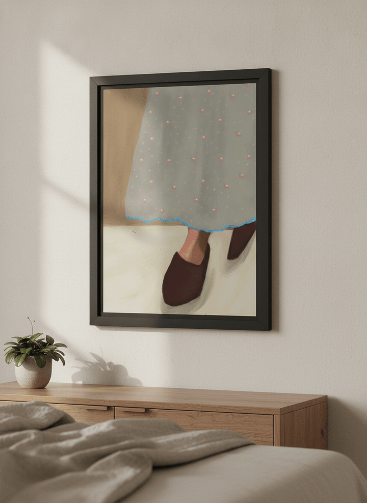 Minimalist artwork displayed in a calm, light-filled bedroom interior