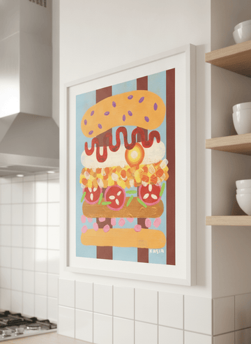 Artwork styled on the wall of a bright modern kitchen