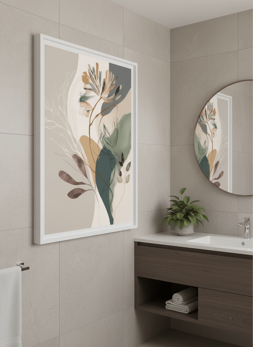 Modern print displayed in a clean minimalist bathroom setting