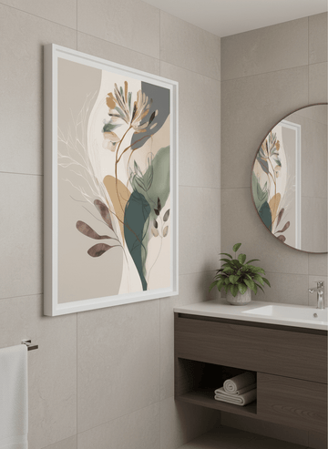 Modern print displayed in a clean minimalist bathroom setting