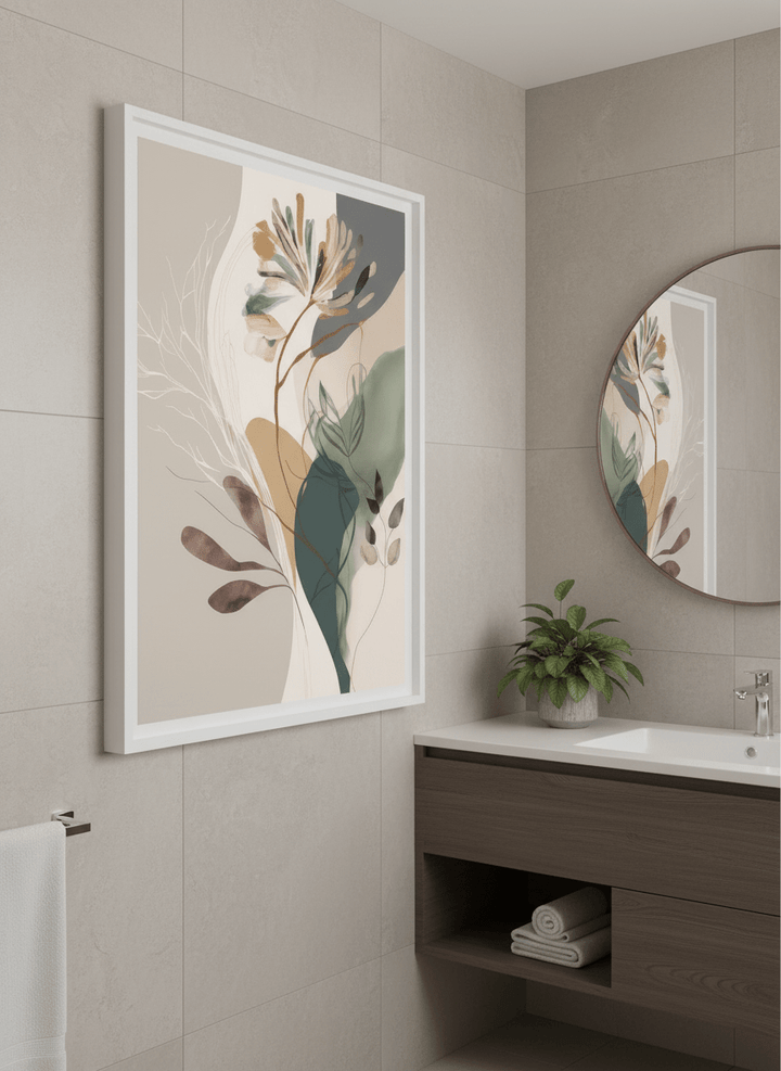 Modern print displayed in a clean minimalist bathroom setting