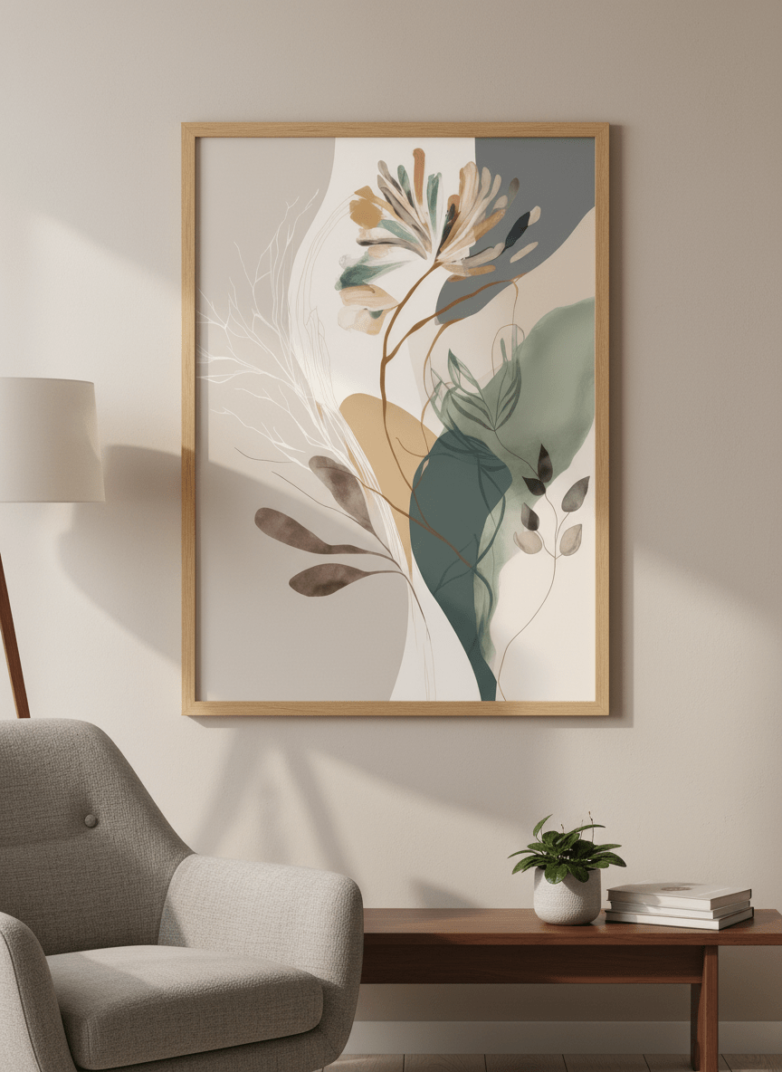 Modern wall art styled above a sofa in a neutral living room