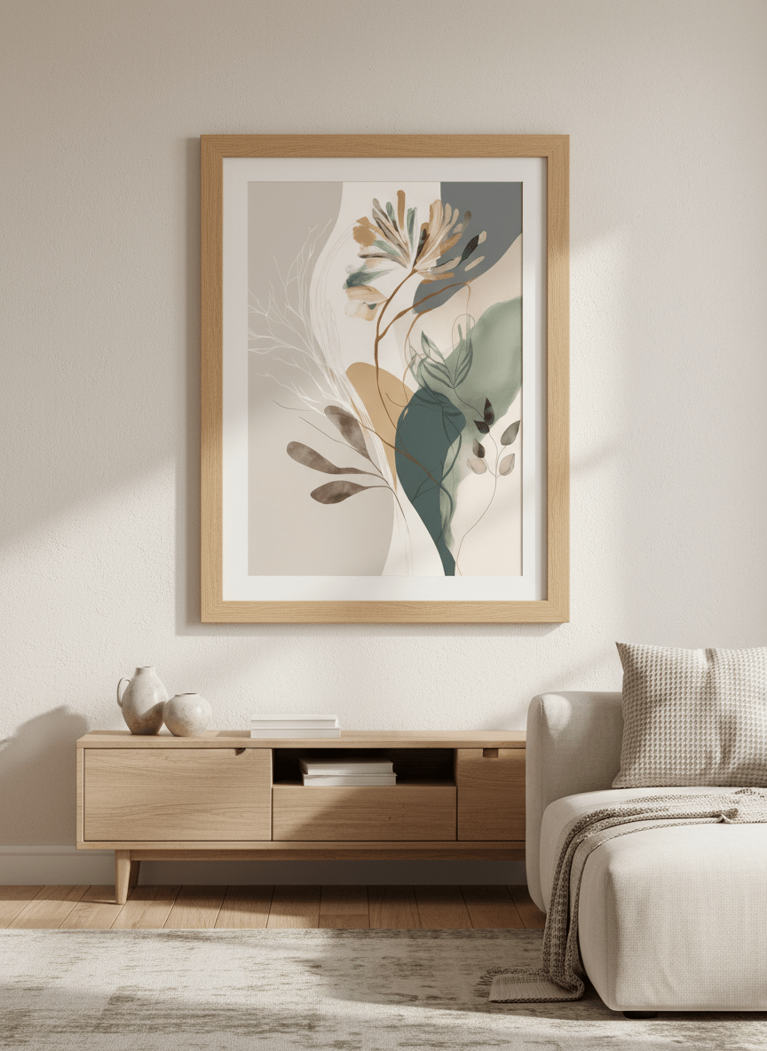 Modern wall art styled above a sofa in a neutral living room